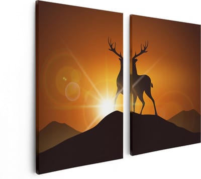Artaza Canvas Schilderij Tweeluik Hert Op Een Berg - Abstract - Silhouet - 80x60 - Foto Op Canvas - Canvas Print