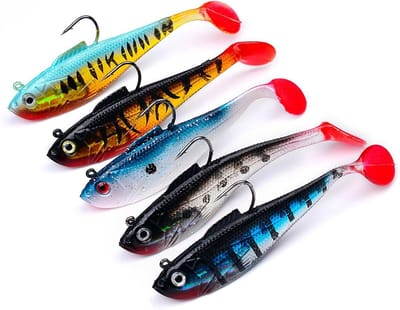 Vijfdelige kunstaas set met rubberen vissen en jigkoppen - Peddelstaart kunstaas voor forel, zanders en baars (11 cm) - Geschikt voor zoet- en zoutwatervissen - Plastic aas voor een succesvolle visserij