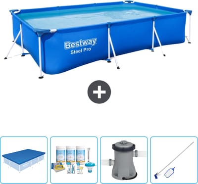 Bestway Rechthoekig Steel Pro Zwembad - 300 x 201 x 66 cm - Blauw - Inclusief Afdekzeil - Onderhoudspakket - Pomp - Schoonmaakset