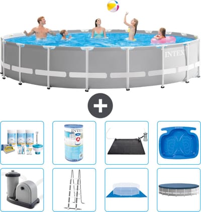 Intex Rond Prism Frame Zwembad - 610 x 132 cm - Grijs - Inclusief Pomp - Ladder - Grondzeil - Afdekzeil Onderhoudspakket - Filter - Solar Mat - Voetenbad