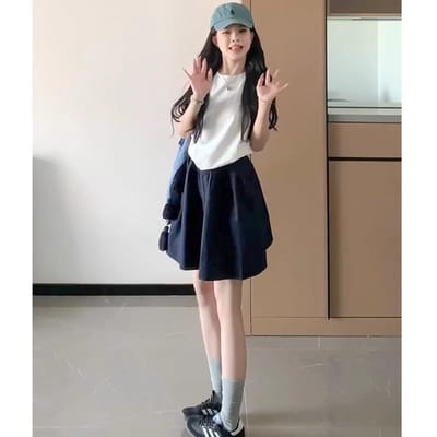 Marineblauw Korte Rok voor Dames In de Zomer Nieuw Hoge Taille Bedekt Heupen Om Ze Er Slank Uit Te Laten Zien A-lijn Japanse College Stijl Pofmouwtjes Rok XL black