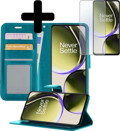Hoesje - Met Screenprotector - Geschikt voor OnePlus Nord CE 3 Lite - Luxe Pasjeshouder - Bookcase Portemonee - Flip Case - Kunstleer Book Case - Flipcase - Book Cover - Walletcase - Portemonneehoes - Telefoonhoesjes - Turquoise