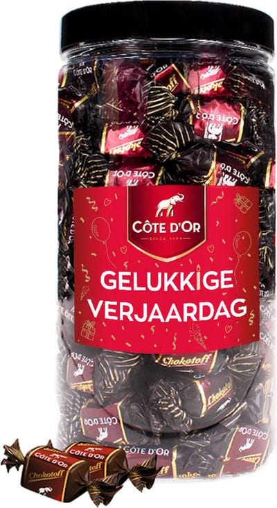 Côte d'Or Chokotoff chocolade met opschrift "Gelukkige Verjaardag!" - chocolade verjaardagscadeau - pure chocolade met toffee - 800g