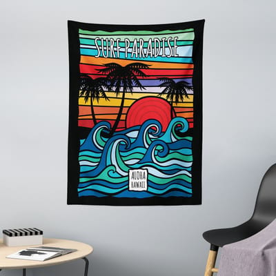 ABAKUHAUS Aloha Wandtapijt, Hawaii Surf Paradise Grafische interpretatie van golven en palmbomen in een tropische omgeving, 110 x 150 cm, meerkleurig