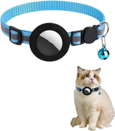 Veilige en Reflecterende Kattenhalsband, Verstelbaar met Veiligheidsclip, Geschikt voor Kittens en AirTag Tracker, Blauw met Silicone Houder