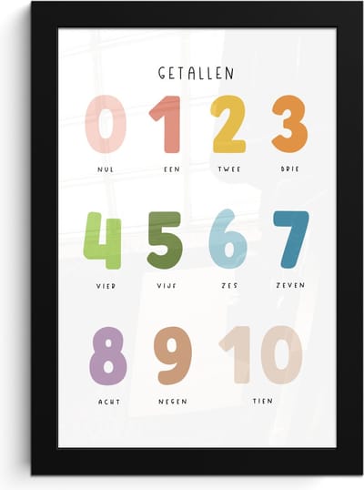 Poster in lijst - Fotolijst 20x30 cm - Posters - Getallen - Educatief - Leren tellen - Cijfers oefenen voor kinderen - Kleuren - Posterlijst zwart - Kamer decoratie - Wanddecoratie kinderkamer - Muurdecoratie babykamer