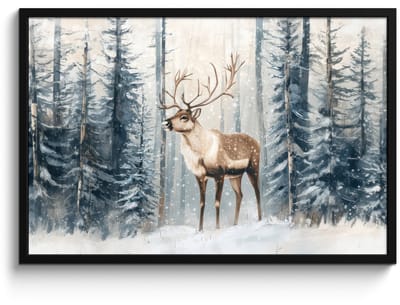 Poster in lijst - Fotolijst 90x60 cm - Posters - Rendier - Sneeuw - Woud - Wit - Posterlijst zwart - Decoratie - Wanddecoratie woonkamer - Muurdecoratie slaapkamer