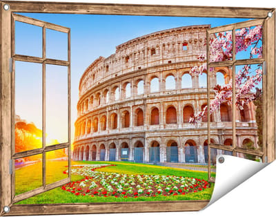 Gards Tuinposter Doorkijk Colosseum bij Zonsopgang in Rome, Italië - 90x60 cm - Tuindoek - Tuindecoratie - Wanddecoratie buiten - Tuinschilderij