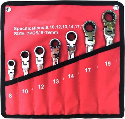 Combinatiesleutel Set - Ratel Gereedschap - Auto Reparatie - Chroom-Vanadium Staal - 7 Stuks - Rood