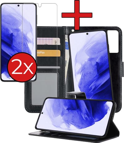 Hoesje - 2 in 1 - Geschikt voor Samsung Galaxy S21 - Met 2x Screenprotector - En Uitneembare Hard Cover - Kunstleer - Bookcase - Wallet Case - Met Pasjeshouder - Book Case - Uitneembaar - Pashouder - Kunstleer - Telefoonhoes - Zwart