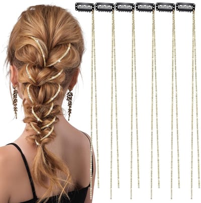 6-pack haarkettingen met strass voor dames - Ongeveer 48 cm lang - Haaraccessoires met strass - Kristallen extensions - Veiligheidsspelden - Geschikt voor verjaardagen, feestjes en gala's - Goud