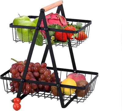 Famanu – Fruitmand 2 niveaus afneembaar – metalen groenterek met houten handvat voor keuken en thuis