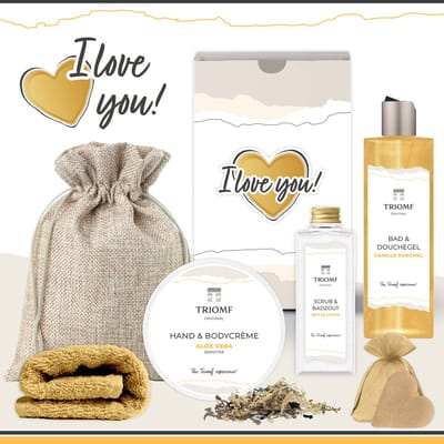 Geschenkset “I Love You!” - 6 producten - 680 gram - Triomf Cosmetica | Giftset voor haar Verjaardag Cadeau Valentijnsdag Valentijn Luxe wellness cadeaubox Vriendin Vrouw Meisje Cadeaupakket Liefde Geschenk Pakket Douchegel Gift Set Geel