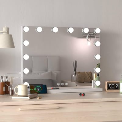 RUX® Hollywood Make Up Spiegel met Verlichting - Holywood – Visagie - Zonder Rand – 14 Led Lampen - Met 3 Lichtstanden - Wit- 50cm x 40cm x 12cm; 3 kg