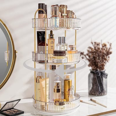 360 Graden Draaiende Makeup Organizer met 3 Lagen voor Huidverzorging, Acryl Cosmetica Opbergoplossing voor Parfum, Sieraden en Make-up in de Slaapkamer