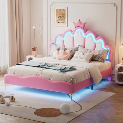 YEHTOKHOME Gestoffeerd bed kinderbed 140 x 200 cm, Kroonvormig prinsessenbed, met lattenbodem en verstelbaar hoofdeinde, LED-kleurwissellicht, PU, Tweepersoonsbed in roze, Zonder matras