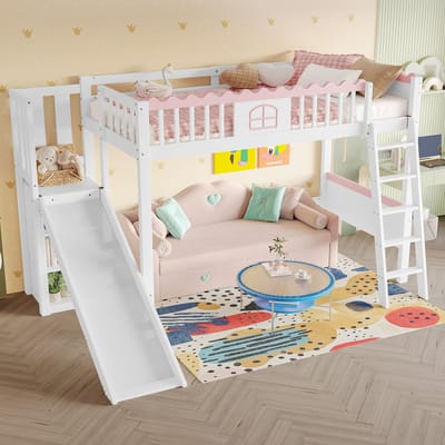 MODENUIT Hoogslaper 90x200 cm – Zonder matras – Met ledverlichting, 3 planken en glijbaan – Kinderkamer – Grenen en Vezelplaat – Wit