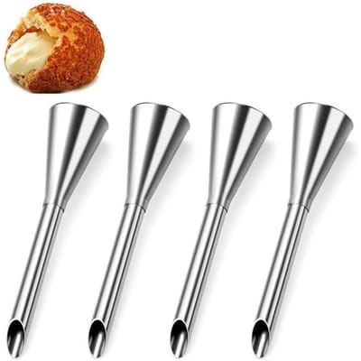 4 Stuks Lange Spuitmondjes – RVS – Vulmondjes voor Spuitzak – Geschikt voor Donuts, Soesjes, Bladerdeeg en Taarten – Icing en Crème Vultuit voor Jam en Room – Bakaccessoires – Roomspuitmondje – QTTVBTNA – Zilver