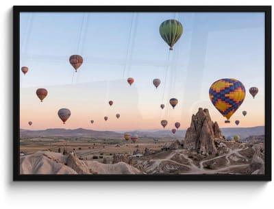 Poster in lijst - Fotolijst 90x60 cm - Posters - Luchtballonnen - Rotsen - Zonsopgang - Posterlijst zwart - Decoratie - Wanddecoratie woonkamer - Muurdecoratie slaapkamer
