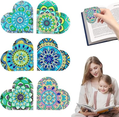 6 Stuks Hartvormige Diamant Schilderen Boekenleggers Mandala Leer 5D DIY Boekenleggers voor Lezers, Studenten en Docenten