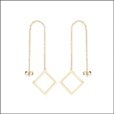 Aramat Jewels | Oorhangers | RVS Ruit Doortrek Oorbellen met Kettinkje - Geometrische Hangers | Goudkleurig | | | | Volwassenen | Verkleurd niet