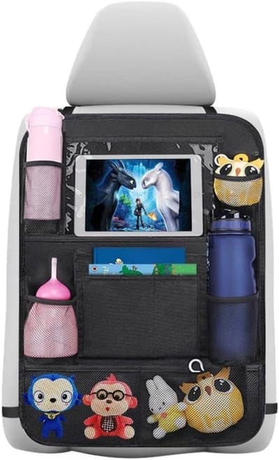 Famanu – Rugleuningbeschermer voor de auto - kinderspeelgoed - waterdichte achterbankbescherming voor kinderen - met tabletvak - zwart - waterdicht - multifunctionele auto-opbergtas voor kinderen