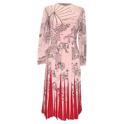 Valentino landschap-print midi-jurk in roze zijde