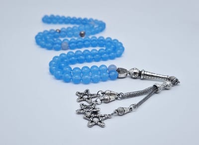 Handgemaakte tesbih "Tasbih" natuursteen " Blauwe Jade " - Aantal kralen 99 - Diameter kralen 8MM - met metaal tassel "Grote sterren" - Een mooi cadeau-idee