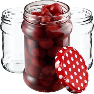KADAX Kleine inmaakpotten, 315 ml, diameter 66 mm, potten voor honing, jampotten met deksel, luchtdichte, ronde potten (10 stuks, rood gestippeld)