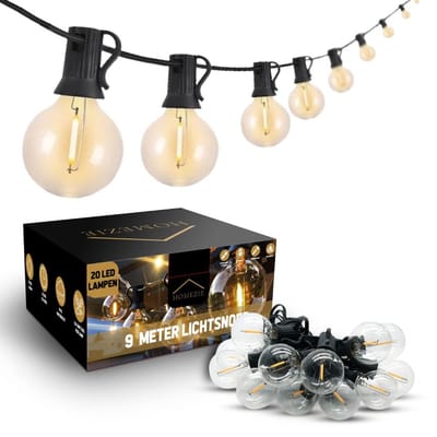 Homezie Lichtsnoer | 9 meter met 20 kunststof LED bulbs | Warm wit | IP44 Spatwaterdicht | Koppelbaar & Dimbaar | Tuinverlichting | Prikkabel