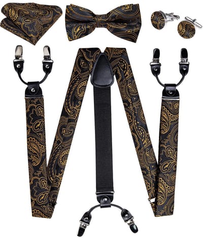 Sorprese Bretels Set Heren - 4 Delig - 100% Zijde - Bretels met Vlinderdas, Pochet & Manchetknopen - Bruin Paisley - Luxe Cadeauset Heren
