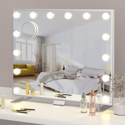 Hollywood Verlichte Make-up Spiegel met USB Oplaadpoort en Telefoonhouder, 14 LED Lampen, 3 Verstelbare Verlichtingsmodi