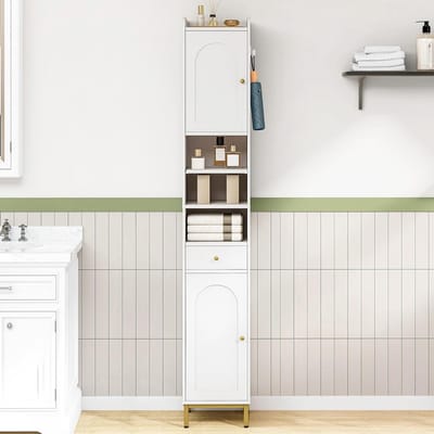 Hoog Badmeubel met 2 Deuren en Lade, Open Compartement, Verstelbare Plank voor Badkamer en Woonkamer, Wit