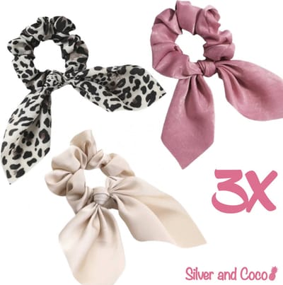 SilverAndCoco® - 3 Scrunchies Wokkel met Strik Elastiek Haarband Festival Scrunchie Set / Brede Haarstrik Haarelastieken met Lint Dames / Elastische Nude Haarbanden - Roze Tijgerprint Beige