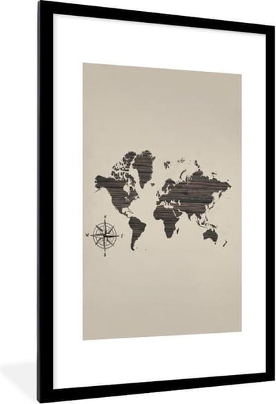 Poster in lijst - Fotolijst 60x90 cm - Posters - Wereldkaart - Hout - Kompas - Posterlijst zwart - Decoratie - Wanddecoratie woonkamer - Muurdecoratie slaapkamer