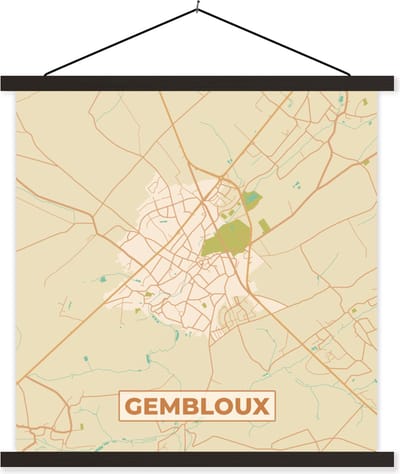 Posterhanger incl. Poster 60x60 cm - Schoolplaat - Kaart - Vintage - Gembloux - Stadskaart - Plattegrond - Textielposter - Zwarte latten - Stadskaart