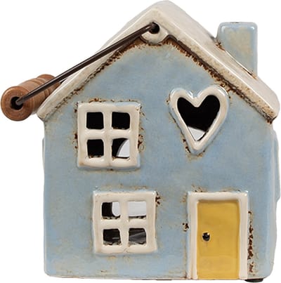 Clayre & Eef Waxinelichthouder Huis 16x11x15 cm Blauw Beige Keramiek Theelichthouder