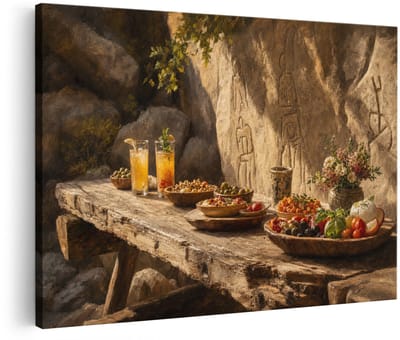 Artaza Canvas Schilderij Rustieke Tafel Met Eten - Warm Industrieel Interieur - 120x80 cm - Groot - Wanddecoratie Woonkamer - Schilderijen - Muurdecoratie