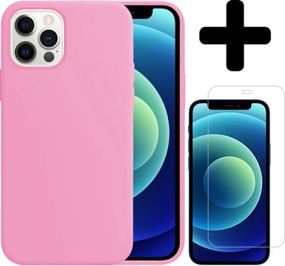 Hoesje - Met Screenprotector - Geschikt voor Apple iPhone 12 Pro - Sterk & Shockproof - Telefoon Hoes - Back Cover - Siliconen Case - Telefoonhoes - Lichtroze