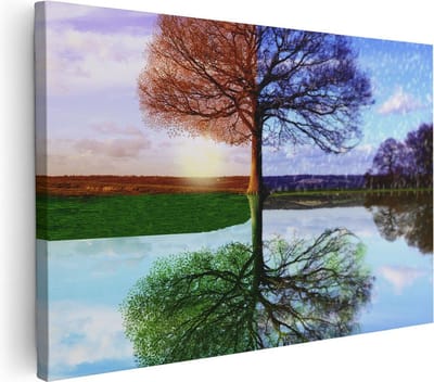Artaza Canvas Schilderij Vier Seizoenen Boom - 30x20 cm - Klein - Wanddecoratie Woonkamer - Muurdecoratie Reflectie Water - Schilderijen Op Canvas