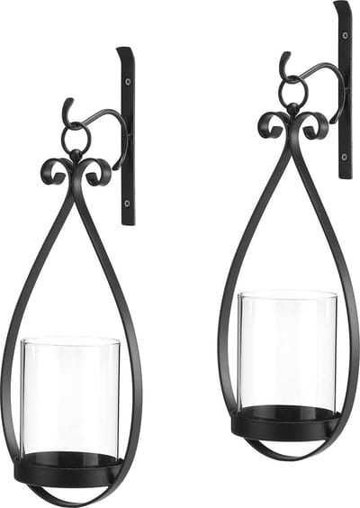 Wandkandelaar Druppelvormig - Muurlantaarn Kaarsenhouder - Sfeerverlichting Creëren - Ijzeren Constructie Glasbuis - Set van 2 - Zwart