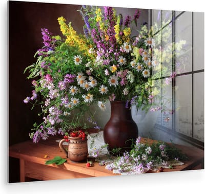 MuchoWow® Glasschilderij 160x120 cm - Schilderij acrylglas - Bloemen - Tafel - Stilleven - Boeket - Vaas - Foto op glas - Muurdecoratie woonkamer - Wanddecoratie slaapkamer - Schilderijen