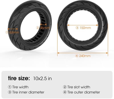 Scooterbanden, 10 x 2,5 inch (24 x 6,3 cm) massief rubberen banden, solide banden, reservewielen voor Ninebot G30 Max 60/70-6,5, elektrische scooter, massief rubberen band, lekvrije massief rubberen banden (geel)