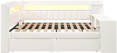 Slaapbank 140x200 cm - Gestoffeerd bed 140x200 cm - Tweepersoonsbed 140x200 cm - Met LED verlichting - USB aansluiting - 2 lade - Wit