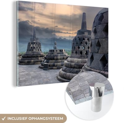 ® Glasschilderij 180x120 cm - Schilderij acrylglas - Donkere wolken boven de Borobudur tempel - Foto op glas - Muurdecoratie woonkamer - Wanddecoratie slaapkamer - Schilderijen
