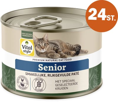 VITALstyle Senior - Natvoer - Extra Ondersteuning Voor De Oudere Kat - Met o.a. Brandnetel & Groenlipmossel - 24 x 200 g
