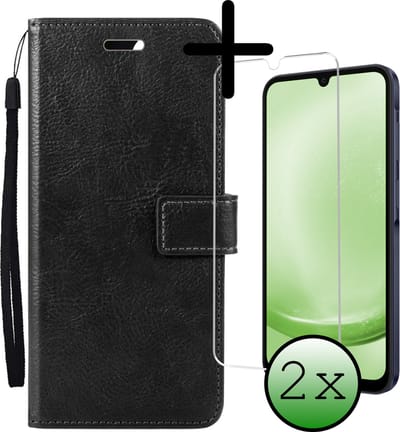 Hoesje Met 2x Screenprotector - Geschikt voor Samsung Galaxy A25 - Luxe Pasjeshouder - Bookcase Portemonee - Flip Case - Kunstleer Book Case - Flipcase Hoes - Book Cover - Walletcase - Portemonneehoes - Zwart