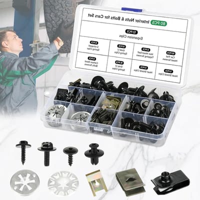 Complete set van moeren en schroeven voor carrosserie, inclusief U-vormige clips en universele bevestigingsmaterialen voor auto's, ideaal voor carrosseriereparaties en onderhoud.