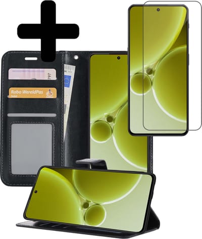 Hoesje - Met Screenprotector - Geschikt voor OnePlus Nord 3 - Luxe Pasjeshouder - Bookcase Portemonee - Flip Case - Kunstleer Book Case - Flipcase - Book Cover - Walletcase - Portemonneehoes - Telefoonhoesjes - Zwart