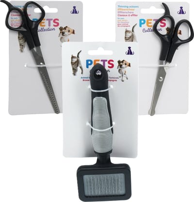 Pets Collection huisdieren knipscharen set - vacht/oren/neus - kat/hond - 18 cm - met vachtborstel